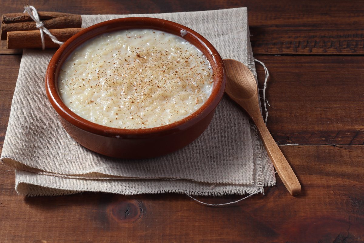 Arroz doce rice pudding with cinnamon in a bowl