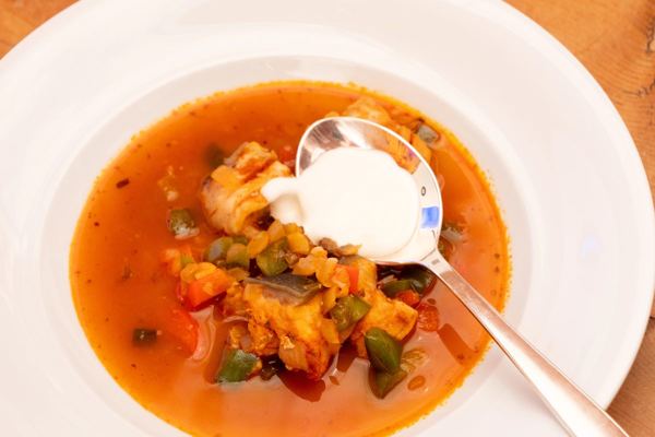 Halászlé, red Hungarian fisherman's soup with carp and paprika