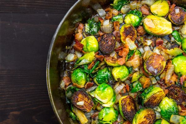 Brussels sprouts with bacon in a cast iron skillet