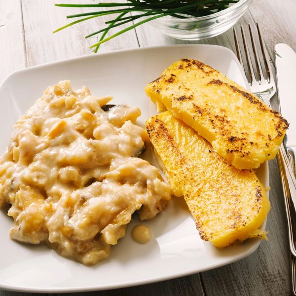 Creamy salt cod served with grilled polenta