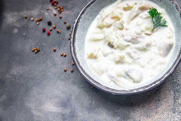 Herring pieces in a sour cream sauce in a bowl