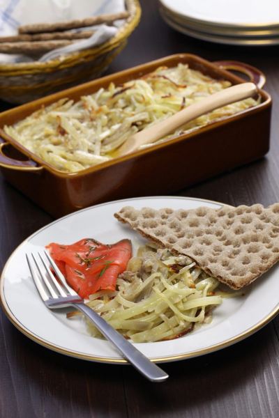 Jansson's temptation potato and anchovy gratin in a baking dish