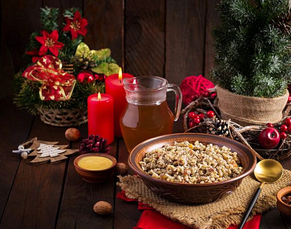 Kutia, wheat berries with poppy seeds, nuts and honey, on a Christmas Eve table