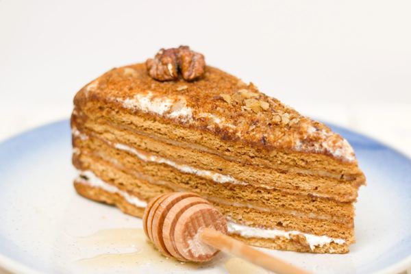 Slice of layered honey cake