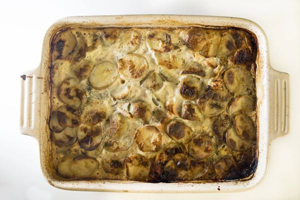 Swedish salmon and potato bake in a ceramic dish