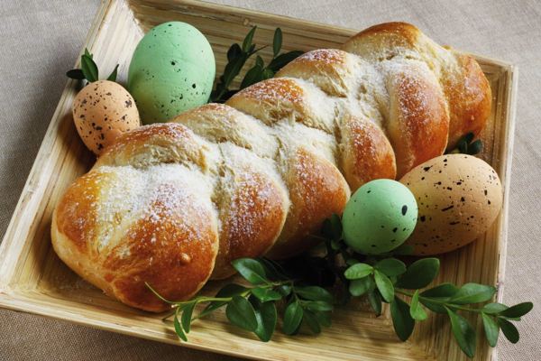 Braided Easter bread with Easter eggs