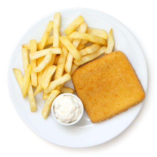 Fried breaded cheese with French fries and tartar sauce